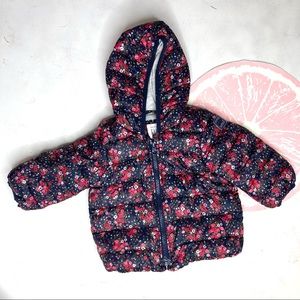 Baby Gap floral puffer coat 6-12 months navy and pink primaloft fill
